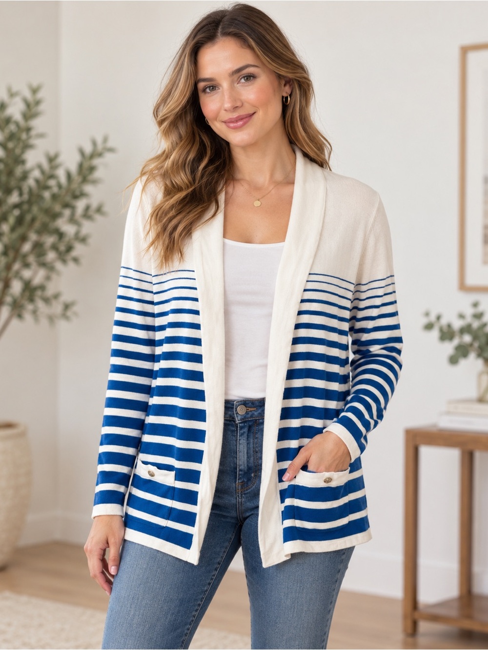 Anne Klein Blue & White Striped Open-Front Cardigan Size L Nautical Coastal
